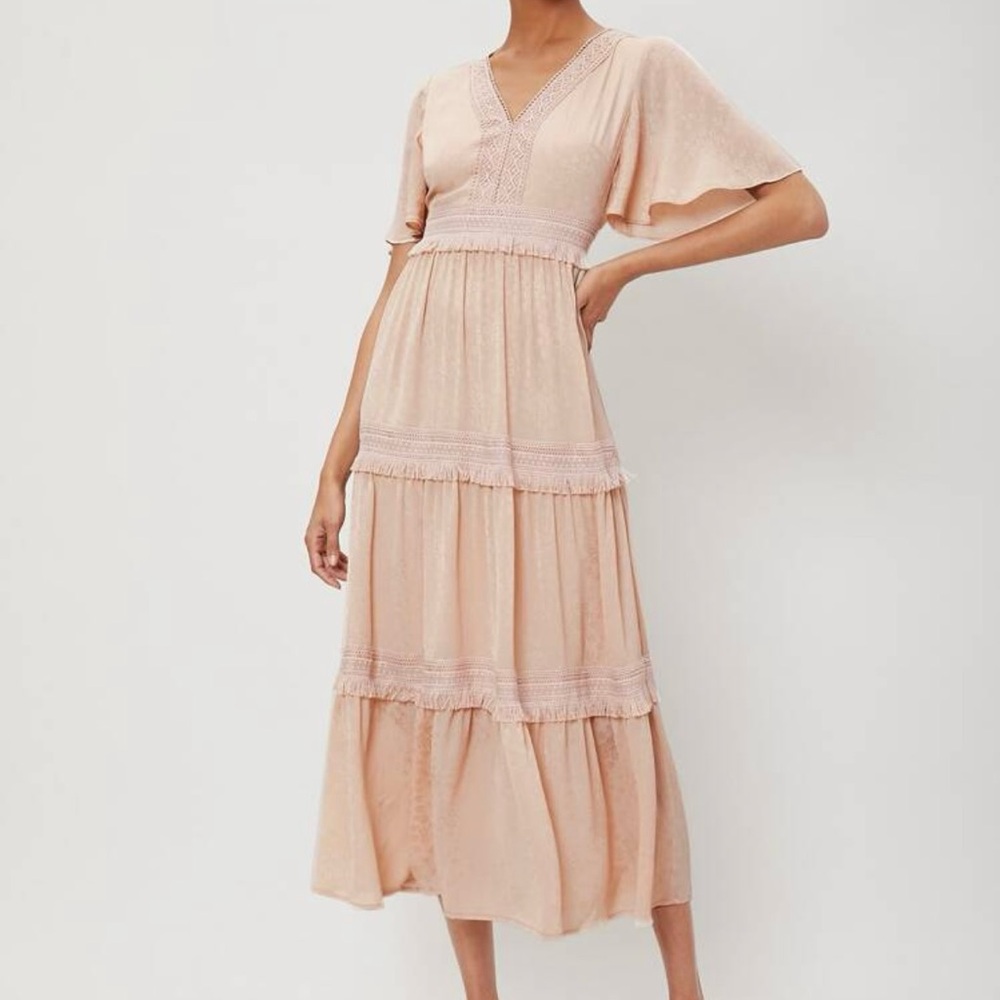 Flowy Layered V-Neck A-Line Midi Dress, Dusty Pink XS